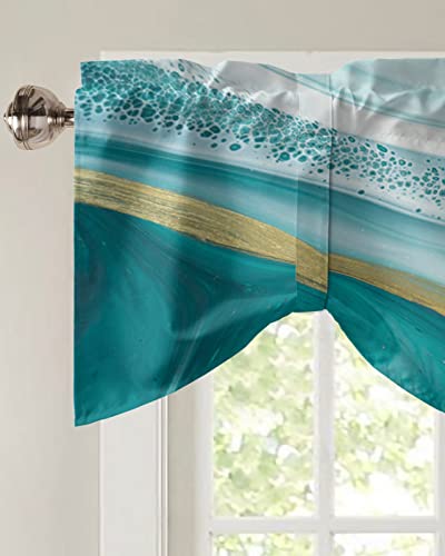 Abstract Tie Up Valance for Kitchen Windows, Turquoise White Gold Marble Texture Tie-up Curtain Shade Valances 42"x12" Rod Pocket Short Curtains Window Treatment for Living Room Stone Fluid Art