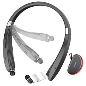 bluetooth headset, 2023 upgraded foldable bluetooth headphones with retractable earbuds, noise cancelling stereo earphones with mic, wireless neckband headphones for sports workout gym with carry case
