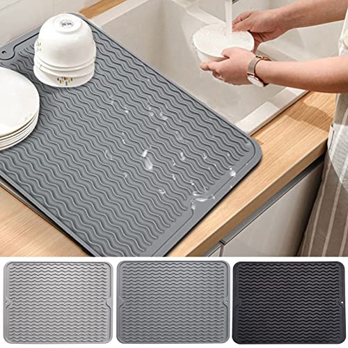 Hopeup Dish Drying Mat for Kitchen Counter, Slip Resistant Silicone Quick Dry Pad for Washing Dishes Cup Draining Pad Heat Insulation Anti-Slip Reliable Restaurant Cutlery Draining Pad Black