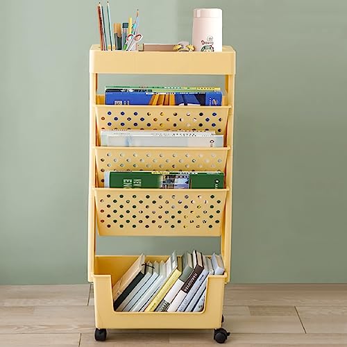 APBATS 5 Tier Removable Movable Bookshelf, Mobile Unique Bookcase, Utility Organizer Yellow Bookshelves with Wheels for Kids Children Students Study in Bedroom Living Room Home School