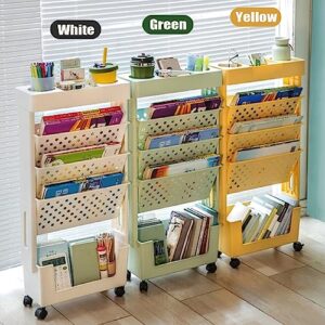 APBATS 5 Tier Removable Movable Bookshelf, Mobile Unique Bookcase, Utility Organizer Yellow Bookshelves with Wheels for Kids Children Students Study in Bedroom Living Room Home School
