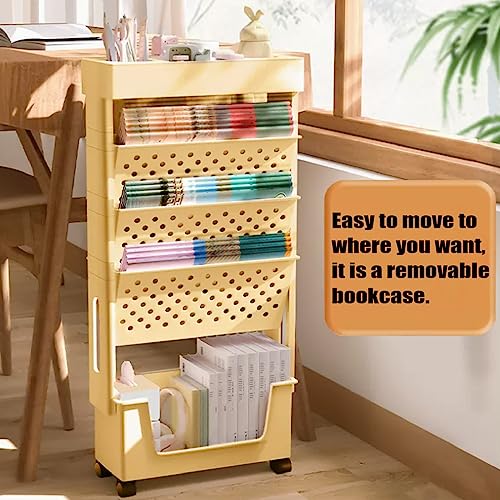 APBATS 5 Tier Removable Movable Bookshelf, Mobile Unique Bookcase, Utility Organizer Yellow Bookshelves with Wheels for Kids Children Students Study in Bedroom Living Room Home School