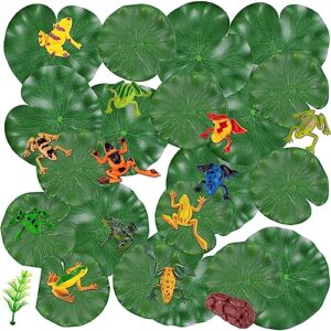 32 packs mini plastic frog toys and artificial lily pads,include 12 colorful plastic frogs and 20 floating lily pads for ponds，rainforest animals figures character toys and artificial pond plants for garden home pool decor party favor