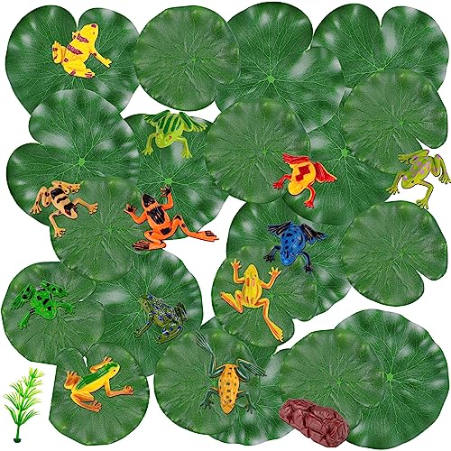 32 Packs Mini Plastic Frog Toys and Artificial Lily Pads,Include 12 colorful Plastic Frogs and 20 Floating Lily Pads for Ponds，Rainforest Animals Figures Character Toys and Artificial Pond Plants for Garden Home Pool Decor Party Favor