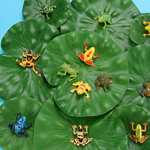 32 Packs Mini Plastic Frog Toys and Artificial Lily Pads,Include 12 colorful Plastic Frogs and 20 Floating Lily Pads for Ponds，Rainforest Animals Figures Character Toys and Artificial Pond Plants for Garden Home Pool Decor Party Favor