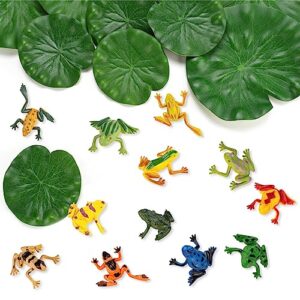 32 Packs Mini Plastic Frog Toys and Artificial Lily Pads,Include 12 colorful Plastic Frogs and 20 Floating Lily Pads for Ponds，Rainforest Animals Figures Character Toys and Artificial Pond Plants for Garden Home Pool Decor Party Favor