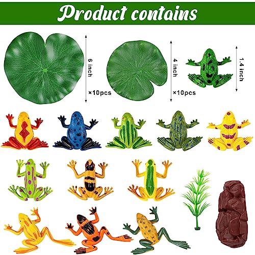 32 Packs Mini Plastic Frog Toys and Artificial Lily Pads,Include 12 colorful Plastic Frogs and 20 Floating Lily Pads for Ponds，Rainforest Animals Figures Character Toys and Artificial Pond Plants for Garden Home Pool Decor Party Favor