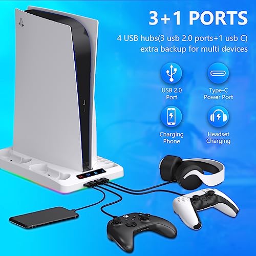 Cooling Stand for Playstation 5 Console Disc/Digital Edition, Cooling Station for PS5 w/Controller Charger,4 USB Hub&16 Games&Media Remote Holder&RGB Lights,Vertical Gaming Base for PS5 Accessories