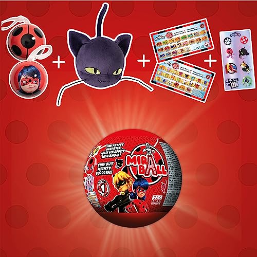 Miraculous Ladybug, 4-1 Surprise Miraball, Toys for Kids with Collectible Character Metal Ball, Kwami Plush, Glittery Stickers and White Ribbon (Wyncor)