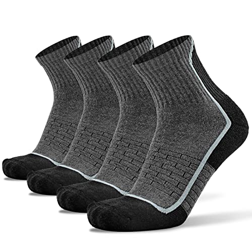 Socks Daze Merino Wool Quarter Running Socks Mens Size 10-13 Ladies Elite Basketball Padded Anti-Blister Bike Trail Wool Hiking Socks Women Plus Size, Large, 4 Pairs Black