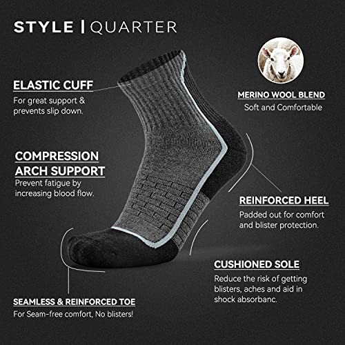 Socks Daze Merino Wool Quarter Running Socks Mens Size 10-13 Ladies Elite Basketball Padded Anti-Blister Bike Trail Wool Hiking Socks Women Plus Size, Large, 4 Pairs Black