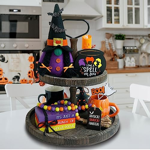 Halloween Decorations - Halloween Gnome Tiered Tray Decor - Hocus Pocus Wood Book Stack Sign Witches Cauldron Halloween Beads Garland Halloween Decorations for Home Halloween Fall Decorations Indoor