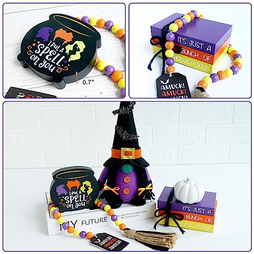 Halloween Decorations - Halloween Gnome Tiered Tray Decor - Hocus Pocus Wood Book Stack Sign Witches Cauldron Halloween Beads Garland Halloween Decorations for Home Halloween Fall Decorations Indoor