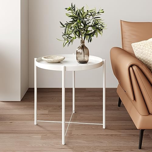 Fixwal End Table, Folding Metal Side Table White Small Coffee Table Sofa Side Table with Removable Tray for Living Room Bedroom Balcony and Office