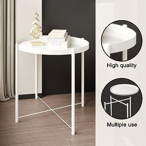 Fixwal End Table, Folding Metal Side Table White Small Coffee Table Sofa Side Table with Removable Tray for Living Room Bedroom Balcony and Office