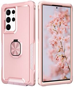 lontect for galaxy s22 ultra 5g case with ring holder kickstand 3 in 1 shockproof heavy duty hybrid sturdy high impact protective case for samsung galaxy s22 ultra 5g 2022, rose gold
