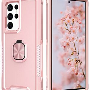 LONTECT for Galaxy S22 Ultra 5G Case with Ring Holder Kickstand 3 in 1 Shockproof Heavy Duty Hybrid Sturdy High Impact Protective Case for Samsung Galaxy S22 Ultra 5G 2022, Rose Gold