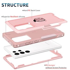 LONTECT for Galaxy S22 Ultra 5G Case with Ring Holder Kickstand 3 in 1 Shockproof Heavy Duty Hybrid Sturdy High Impact Protective Case for Samsung Galaxy S22 Ultra 5G 2022, Rose Gold