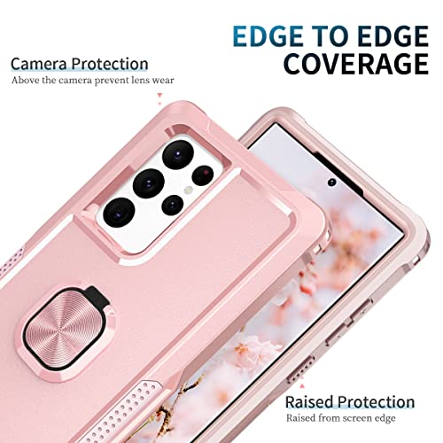 LONTECT for Galaxy S22 Ultra 5G Case with Ring Holder Kickstand 3 in 1 Shockproof Heavy Duty Hybrid Sturdy High Impact Protective Case for Samsung Galaxy S22 Ultra 5G 2022, Rose Gold