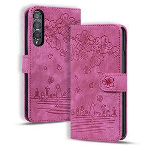 eaxer for samsung galaxy z fold 3 case, shockproof sakura leather card slots pu wallet case cover (rose)