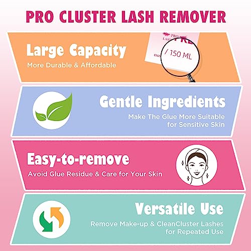 PRO Lash Glue Remover for Lash Clusters 150ML Adhesive Remover with 3 Reusable Cleansing Eco Pads 1 Eyelash Brush DIY Lash Extension Remover Eye Cleanser Quick removal of Lashes Gentle Soothing
