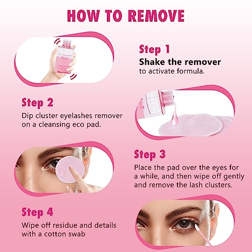 PRO Lash Glue Remover for Lash Clusters 150ML Adhesive Remover with 3 Reusable Cleansing Eco Pads 1 Eyelash Brush DIY Lash Extension Remover Eye Cleanser Quick removal of Lashes Gentle Soothing
