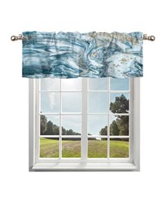 ambehome art marble curtain valances for windows decor, window valance curtain for kitchen living room bedroom short drape window treatment 42"x18" blue white gold liquid abstract ocean