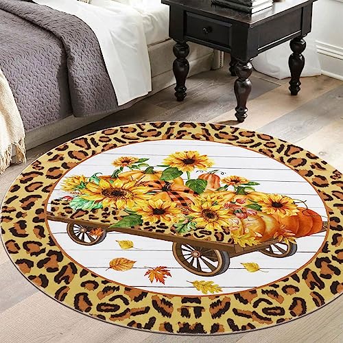 Ileading Round Fall Area Rug Non Slip Shaggy Soft Sunflower Pumpkin Sofa Circle Carpet 4ft Cute Harvest Thanksgiving Decorative Runner Rug Machine Washable Throw Rugs for Bedroom Living Room eggchair