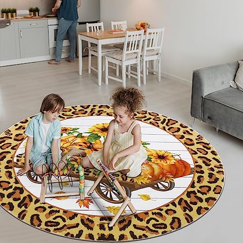 Ileading Round Fall Area Rug Non Slip Shaggy Soft Sunflower Pumpkin Sofa Circle Carpet 4ft Cute Harvest Thanksgiving Decorative Runner Rug Machine Washable Throw Rugs for Bedroom Living Room eggchair