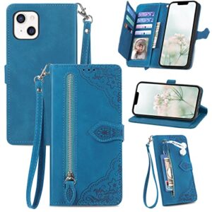 krhgeik for iphone 13 case for women,cute wallet case with zipper pocket purse flower embossed pu leather card slots strap wrist strap flip folio protective phone cover for iphone 13 (blue)