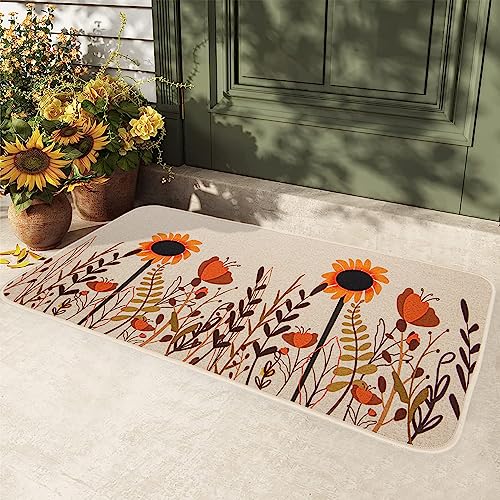 MUGANYI Fall Flower Thanksgiving Autumn Doormat - Holiday Welcome Non Slip Rug Sunflower Natural Door mat for Indoor Outdoor Entrance 17" x 29"