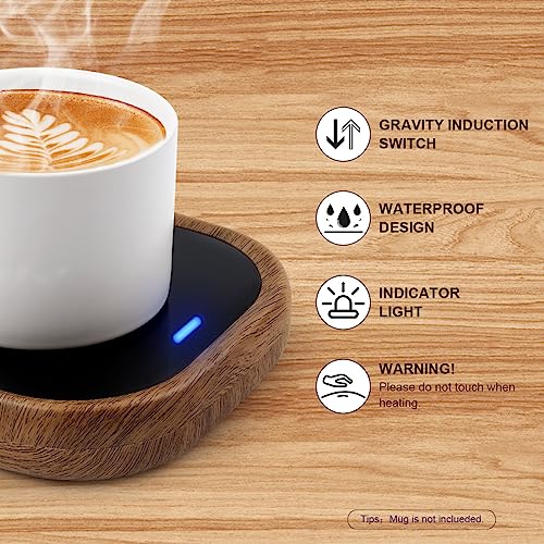 Coffee Mug Warmer Beverage Cup Warmer Gravity-Induction Auto On/Off for Desk Home Office Use for Heating Coffee, Beverage, Milk, Tea and Hot Chocolate (Wood Grain)