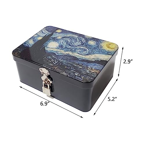 ZLEYECZ Retro Style Rectangle Tinplate Storage Box with Padlock, Home Kitchen Desktop Storage Tin Canister, For Chocolate Jewelry Cosmetics Photos Gift Candy Tea Coffee Case (Night Sky)