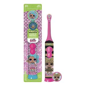 firefly clean n' protect, l.o.l. surprise! toothbrush with hygienic character cover, soft bristles, anti-slip grip handle, battery included, ages 3+, 1 count