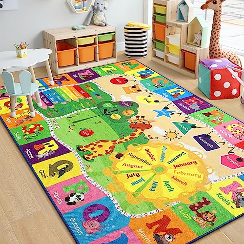 Chicrug Educational 4x6 Kids Area Rug for Playroom, TPR Non Slip Kids Classroom Carpet Rug for Learning ABC Animal Shape Color Fruit, Washable Play Mat Rug for Children Nursery Toddler Room Decor