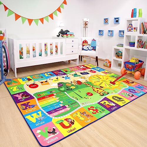 Chicrug Educational 4x6 Kids Area Rug for Playroom, TPR Non Slip Kids Classroom Carpet Rug for Learning ABC Animal Shape Color Fruit, Washable Play Mat Rug for Children Nursery Toddler Room Decor