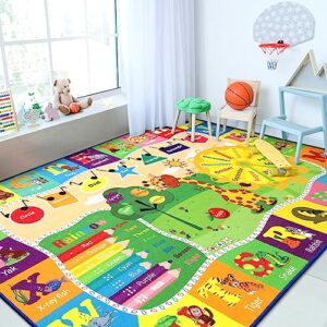 Chicrug Educational 4x6 Kids Area Rug for Playroom, TPR Non Slip Kids Classroom Carpet Rug for Learning ABC Animal Shape Color Fruit, Washable Play Mat Rug for Children Nursery Toddler Room Decor