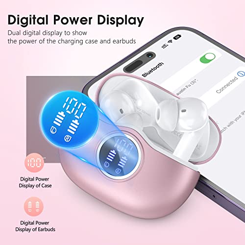 Wireless Earbuds Bluetooth 5.3 Headphones 40 Hrs Playtime with LED Display, Deep Bass Stereo and Noise Cancelling Bluetooth Ear Buds IP7 Waterproof Wireless Earphones with Mic for iPhone Android Pink