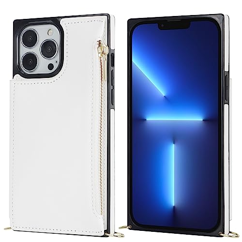 Bocasal Crossbody Wallet Case for iPhone 13 Pro Max with RFID Blocking Card Slot Holder, Magnetic Flip Folio Purse Case, PU Leather Zipper Handbag with Detachable Lanyard Strap 6.7 Inch 5G (White)