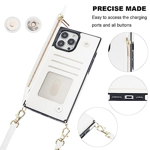 Bocasal Crossbody Wallet Case for iPhone 13 Pro Max with RFID Blocking Card Slot Holder, Magnetic Flip Folio Purse Case, PU Leather Zipper Handbag with Detachable Lanyard Strap 6.7 Inch 5G (White)