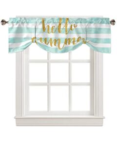 tie-up valances for windows hello summer gold round spots on blue and white stripes kitchen window curtains adjustable farmhouse valance curtains for bedroom living room bathroom 42x12in, 1 panel