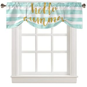 Tie-up Valances for Windows HELLO SUMMER Gold Round Spots on Blue and White Stripes Kitchen Window Curtains Adjustable Farmhouse Valance Curtains for Bedroom Living Room Bathroom 42x12in, 1 Panel