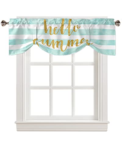 Tie-up Valances for Windows HELLO SUMMER Gold Round Spots on Blue and White Stripes Kitchen Window Curtains Adjustable Farmhouse Valance Curtains for Bedroom Living Room Bathroom 42x12in, 1 Panel