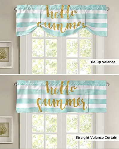 Tie-up Valances for Windows HELLO SUMMER Gold Round Spots on Blue and White Stripes Kitchen Window Curtains Adjustable Farmhouse Valance Curtains for Bedroom Living Room Bathroom 42x12in, 1 Panel