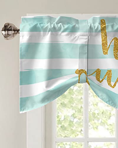 Tie-up Valances for Windows HELLO SUMMER Gold Round Spots on Blue and White Stripes Kitchen Window Curtains Adjustable Farmhouse Valance Curtains for Bedroom Living Room Bathroom 42x12in, 1 Panel