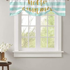 Tie-up Valances for Windows HELLO SUMMER Gold Round Spots on Blue and White Stripes Kitchen Window Curtains Adjustable Farmhouse Valance Curtains for Bedroom Living Room Bathroom 42x12in, 1 Panel