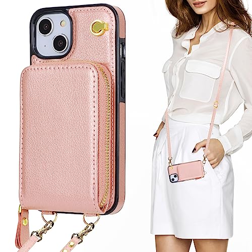 KIHUWEY Crossbody Wallet Case for iPhone 13 iPhone 14, Zipper Pocket Case with Card Holder, PU Leather RFID Protective Cover Case with Kickstand Detachable Wrist Strap Lanyard 6.1" (Rose Gold)