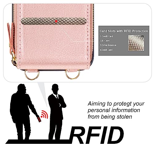 KIHUWEY Crossbody Wallet Case for iPhone 13 iPhone 14, Zipper Pocket Case with Card Holder, PU Leather RFID Protective Cover Case with Kickstand Detachable Wrist Strap Lanyard 6.1" (Rose Gold)