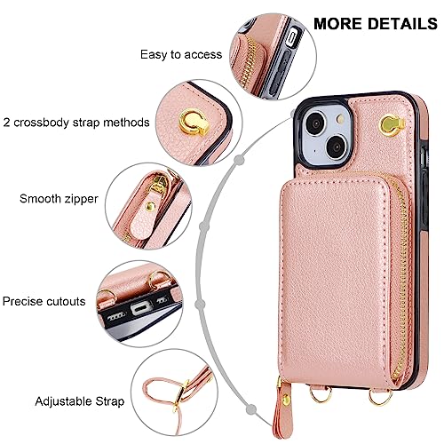 KIHUWEY Crossbody Wallet Case for iPhone 13 iPhone 14, Zipper Pocket Case with Card Holder, PU Leather RFID Protective Cover Case with Kickstand Detachable Wrist Strap Lanyard 6.1" (Rose Gold)