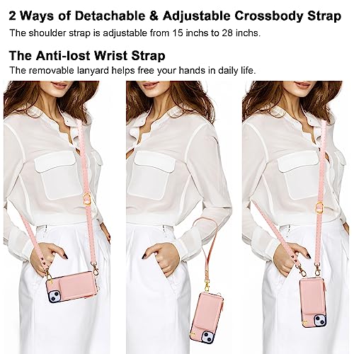 KIHUWEY Crossbody Wallet Case for iPhone 13 iPhone 14, Zipper Pocket Case with Card Holder, PU Leather RFID Protective Cover Case with Kickstand Detachable Wrist Strap Lanyard 6.1" (Rose Gold)